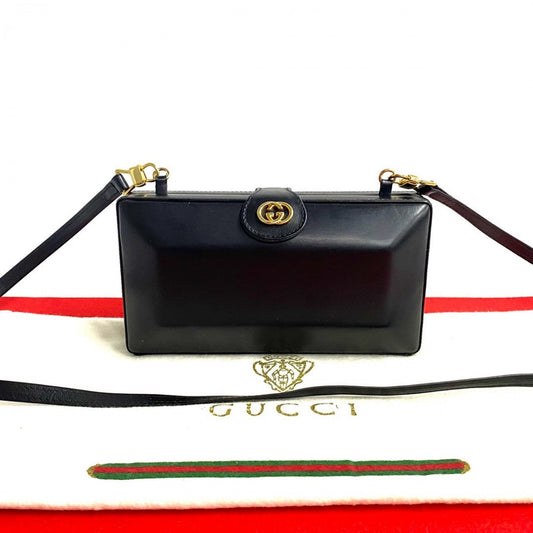 GUCCI Shoulder Bag leather black GG logo Metal Old Gucci Women Used Authentic