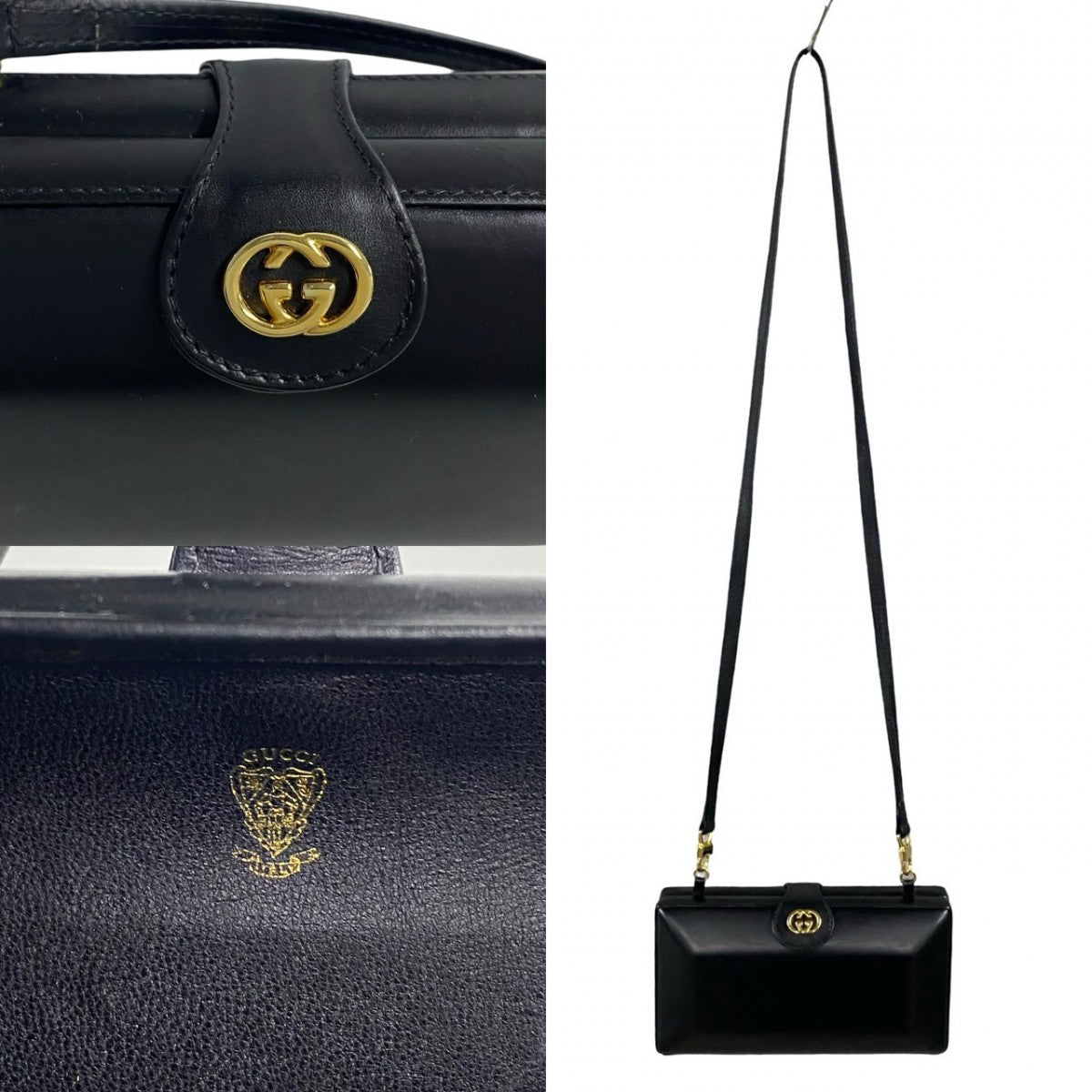 GUCCI Shoulder Bag leather black GG logo Metal Old Gucci Women Used Authentic