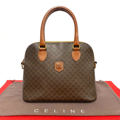CELINE Handbag leather Brown Macadam Blason TriomphePattern Women Used Authentic