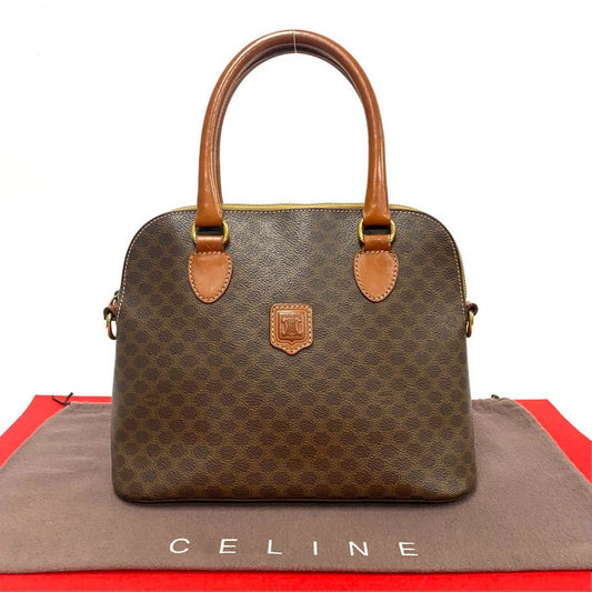 CELINE Handbag leather Brown Macadam Blason TriomphePattern Women Used Authentic
