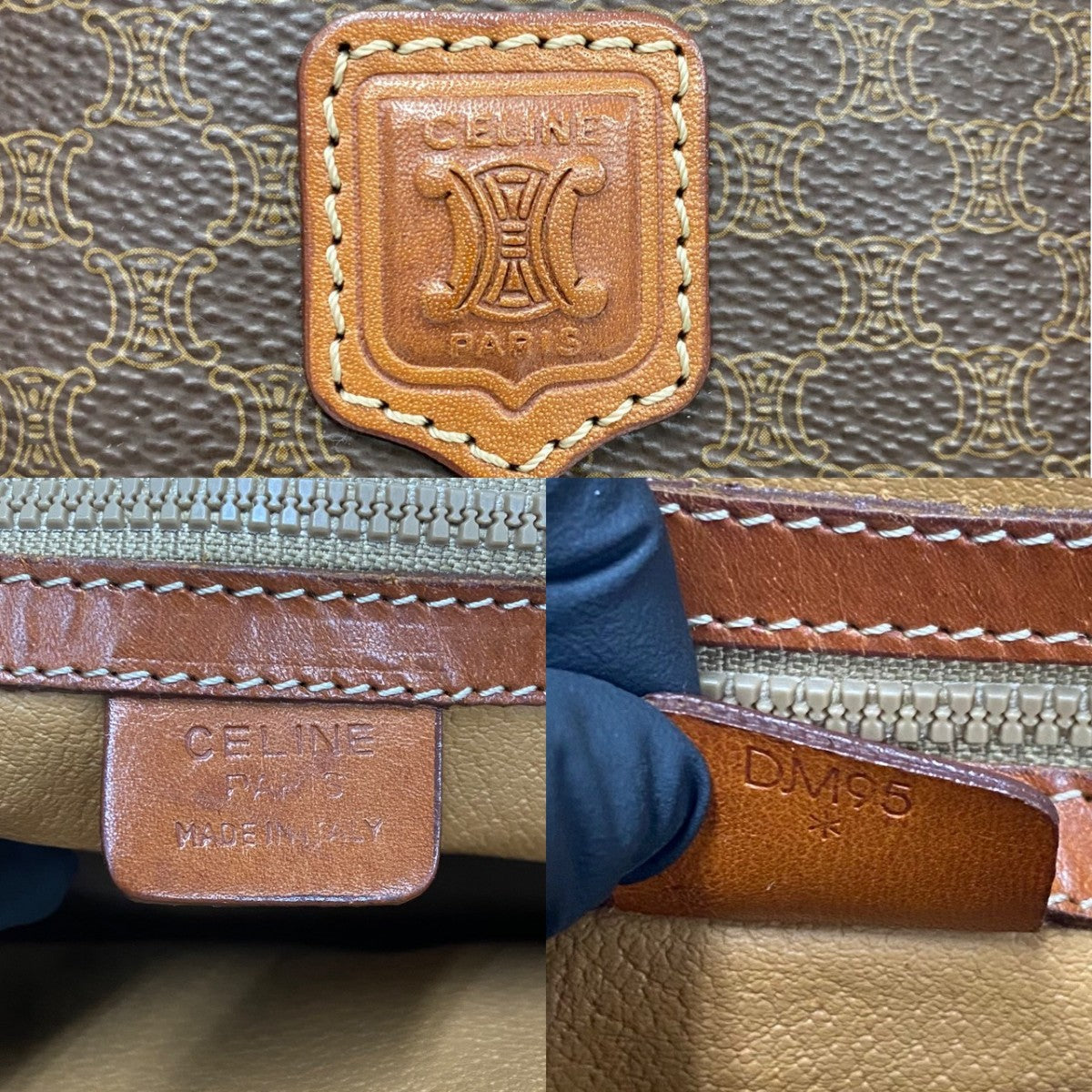 CELINE Handbag leather Brown Macadam Blason TriomphePattern Women Used Authentic