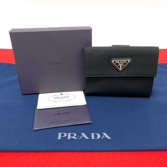 PRADA Bifold Wallet Leather, Nylon black Triangular logo Women Used Authentic