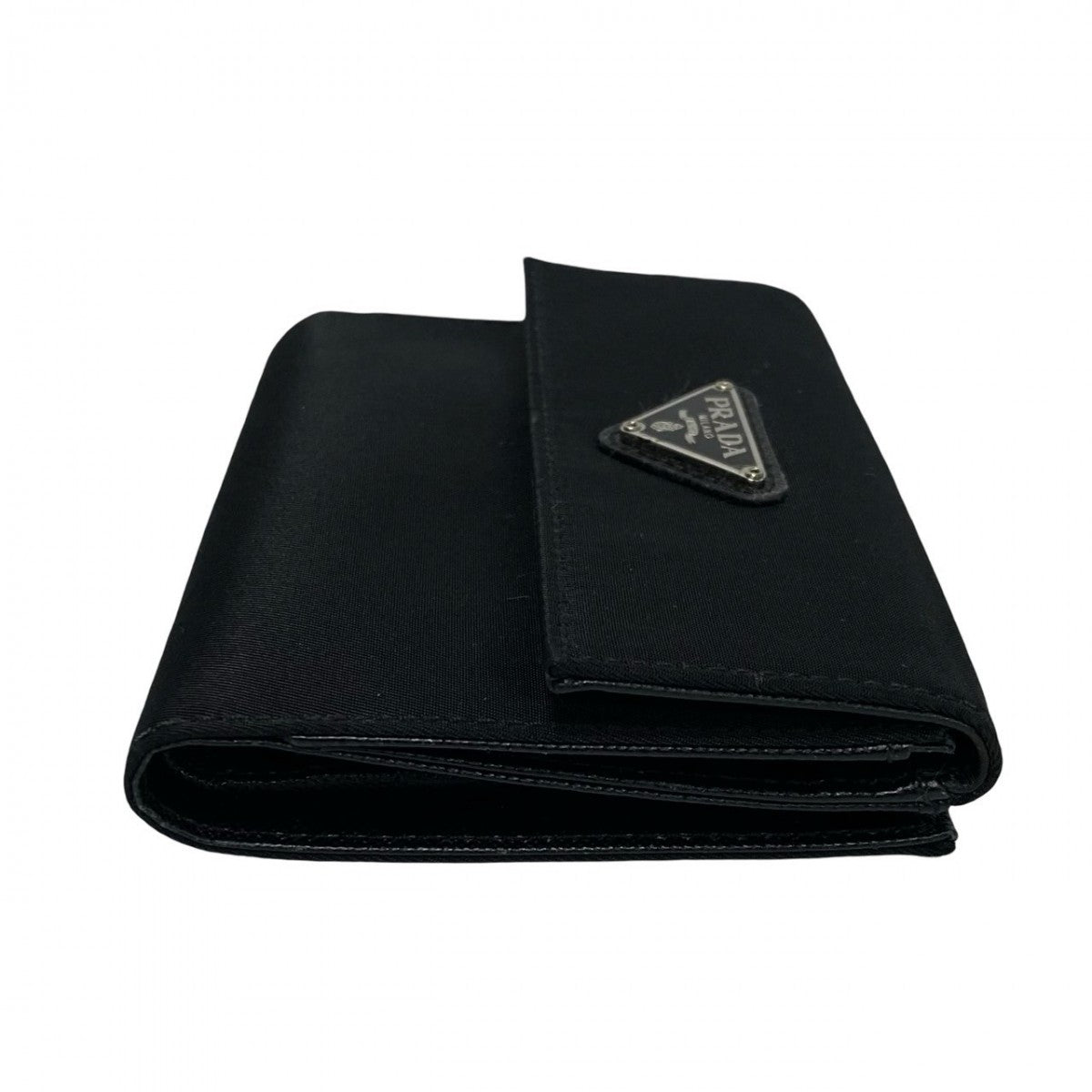 PRADA Bifold Wallet Leather, Nylon black Triangular logo Women Used Authentic