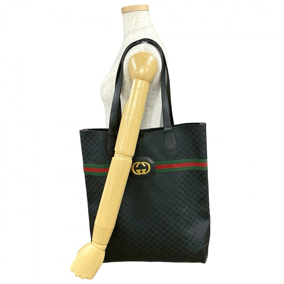 GUCCI Tote Bag Leather, PVC black GG logoMetal Sherry line mens Used Authentic