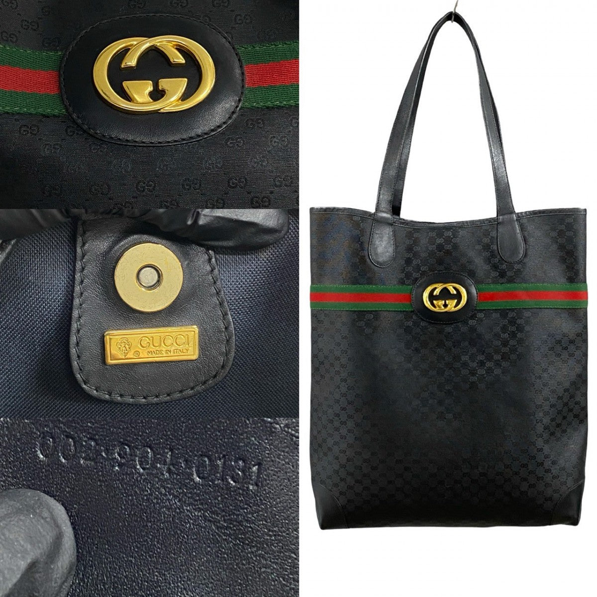 GUCCI Tote Bag Leather, PVC black GG logoMetal Sherry line mens Used Authentic
