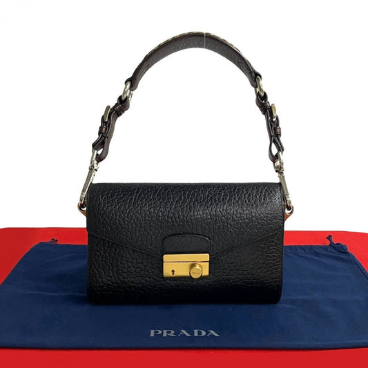 PRADA Shoulder Bag Leather, Tweed black logo Metal Women Used Authentic