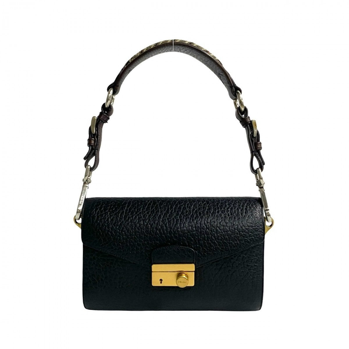 PRADA Shoulder Bag Leather, Tweed black logo Metal Women Used Authentic