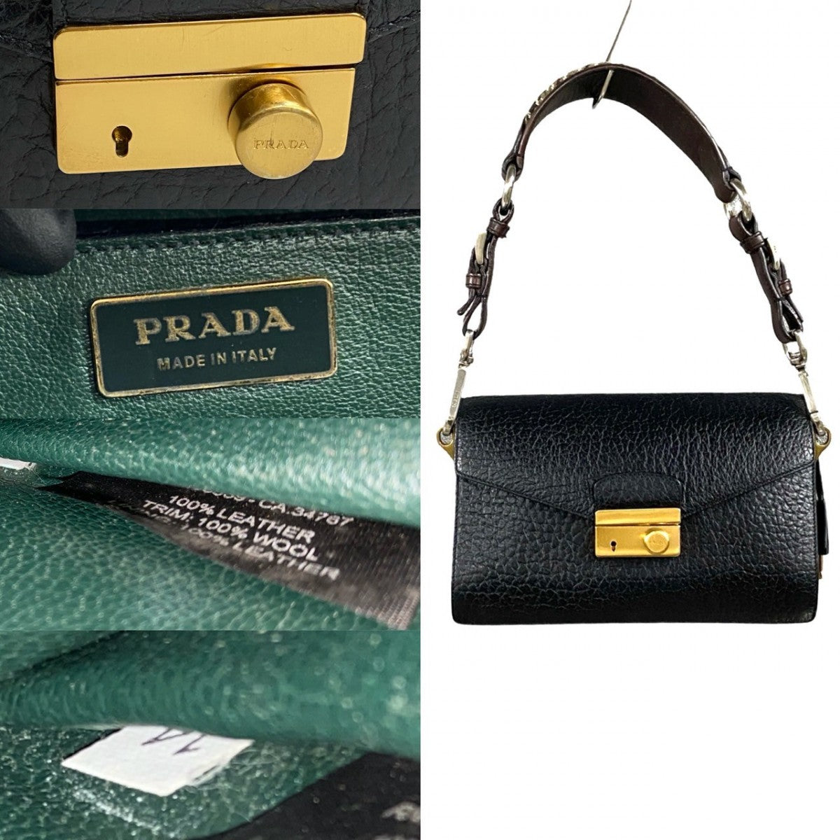 PRADA Shoulder Bag Leather, Tweed black logo Metal Women Used Authentic