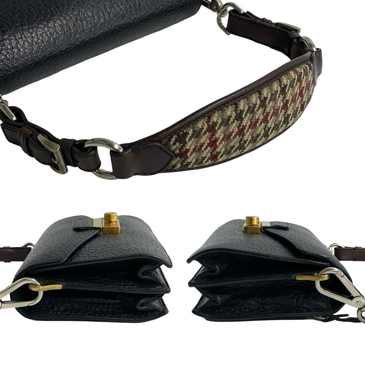 PRADA Shoulder Bag Leather, Tweed black logo Metal Women Used Authentic