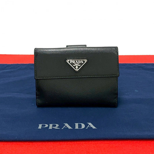 PRADA Bifold Wallet leather black Triangle Logo Plate Metal Women(Unisex) Used Authentic