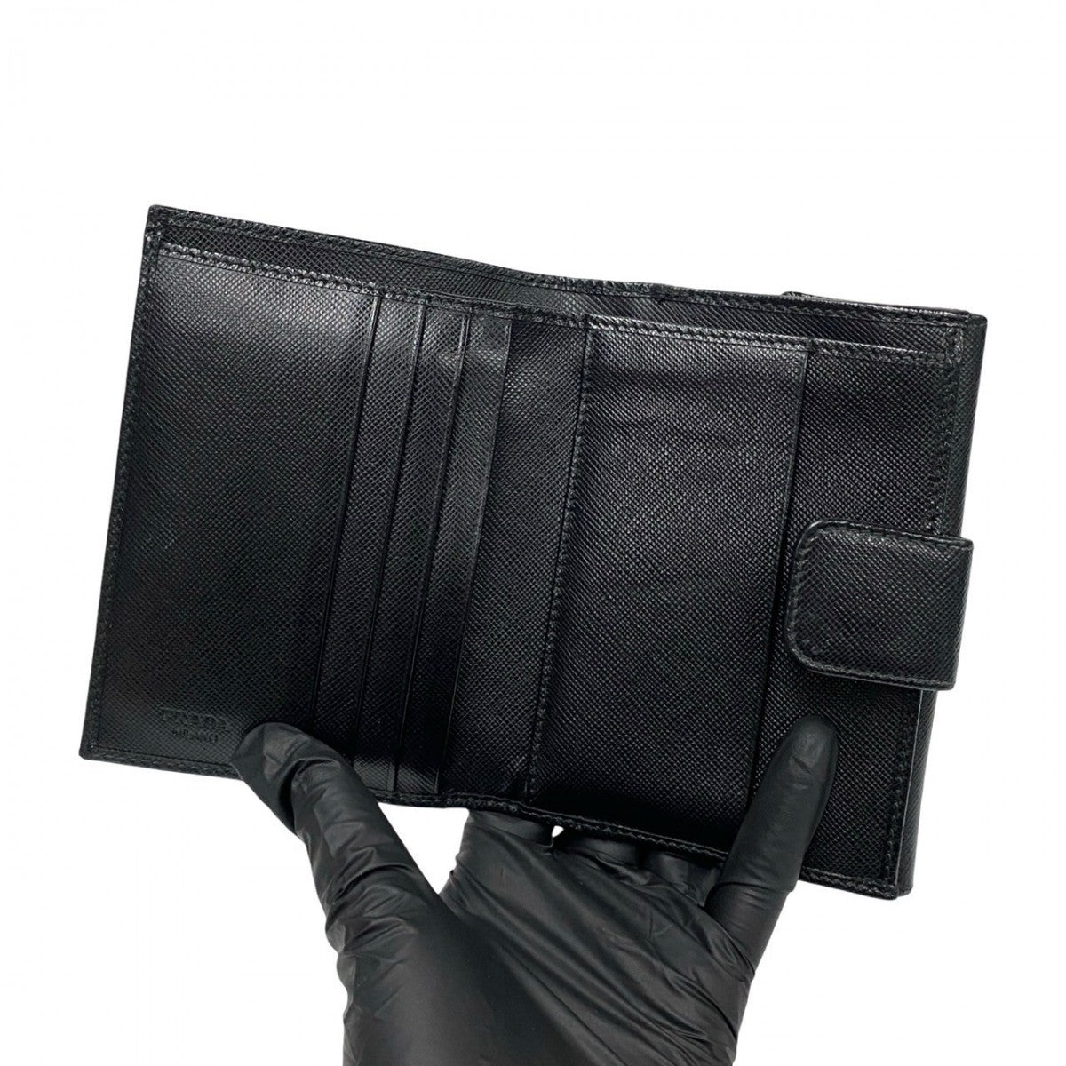 PRADA Bifold Wallet leather black Triangle Logo Plate Metal Women(Unisex) Used Authentic
