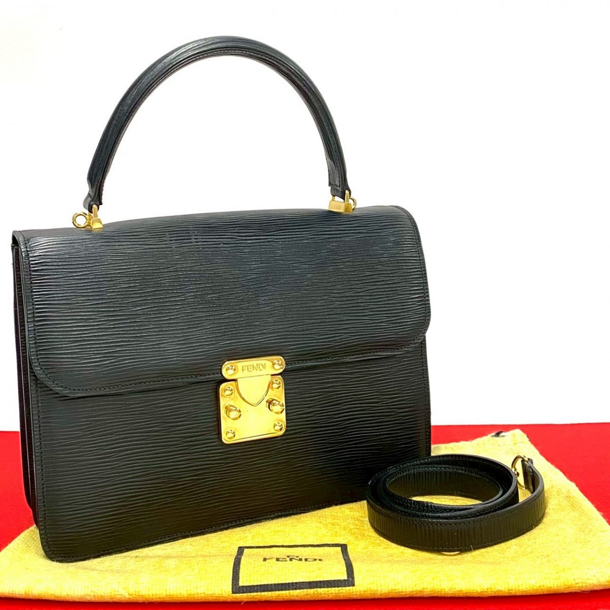 FENDI Shoulder Bag Epi Leather black FF logo Metal Women Used Authentic