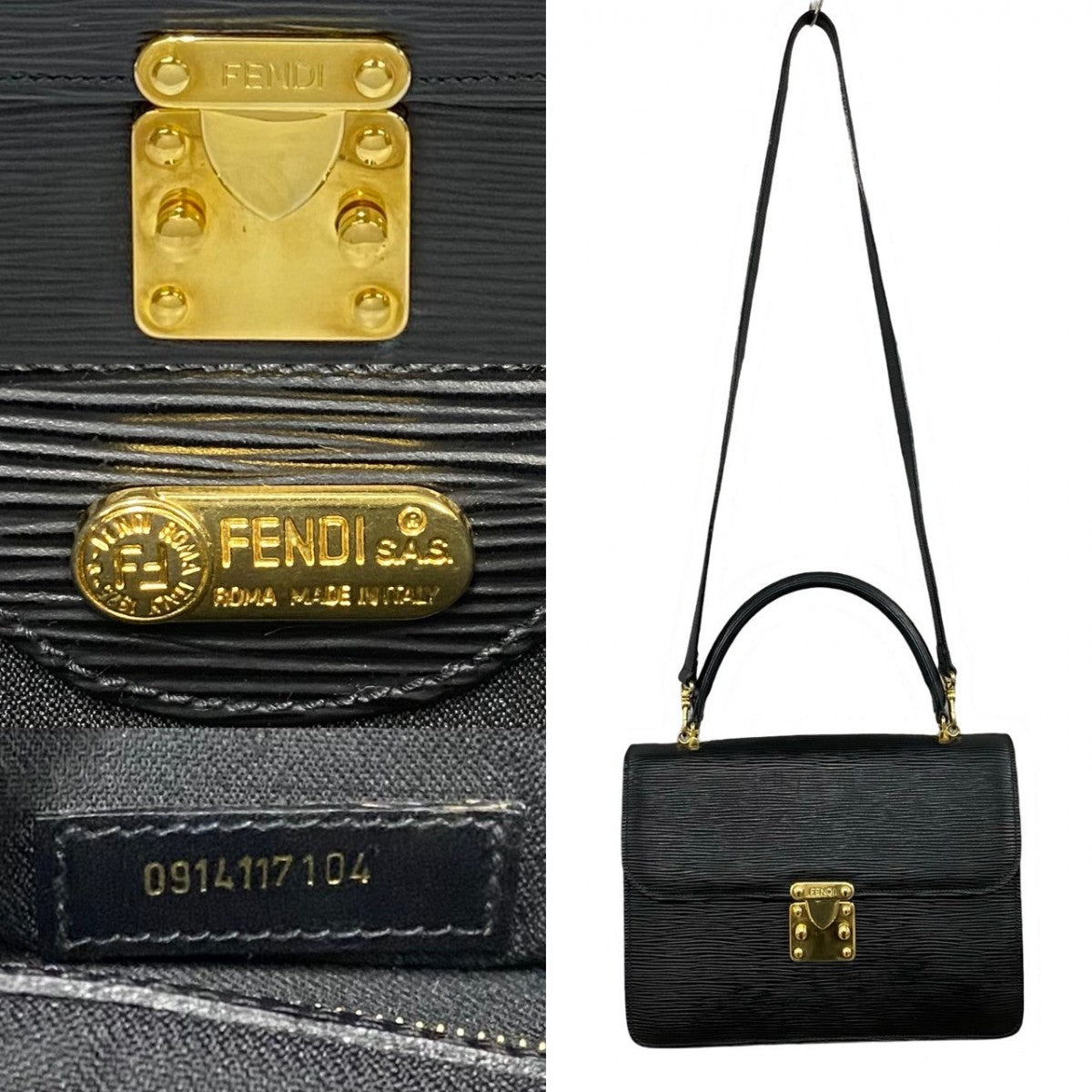 FENDI Shoulder Bag Epi Leather black FF logo Metal Women Used Authentic