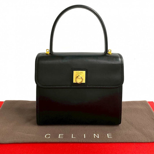 CELINE Handbag leather black Celine logo ring Metal Women Used Authentic