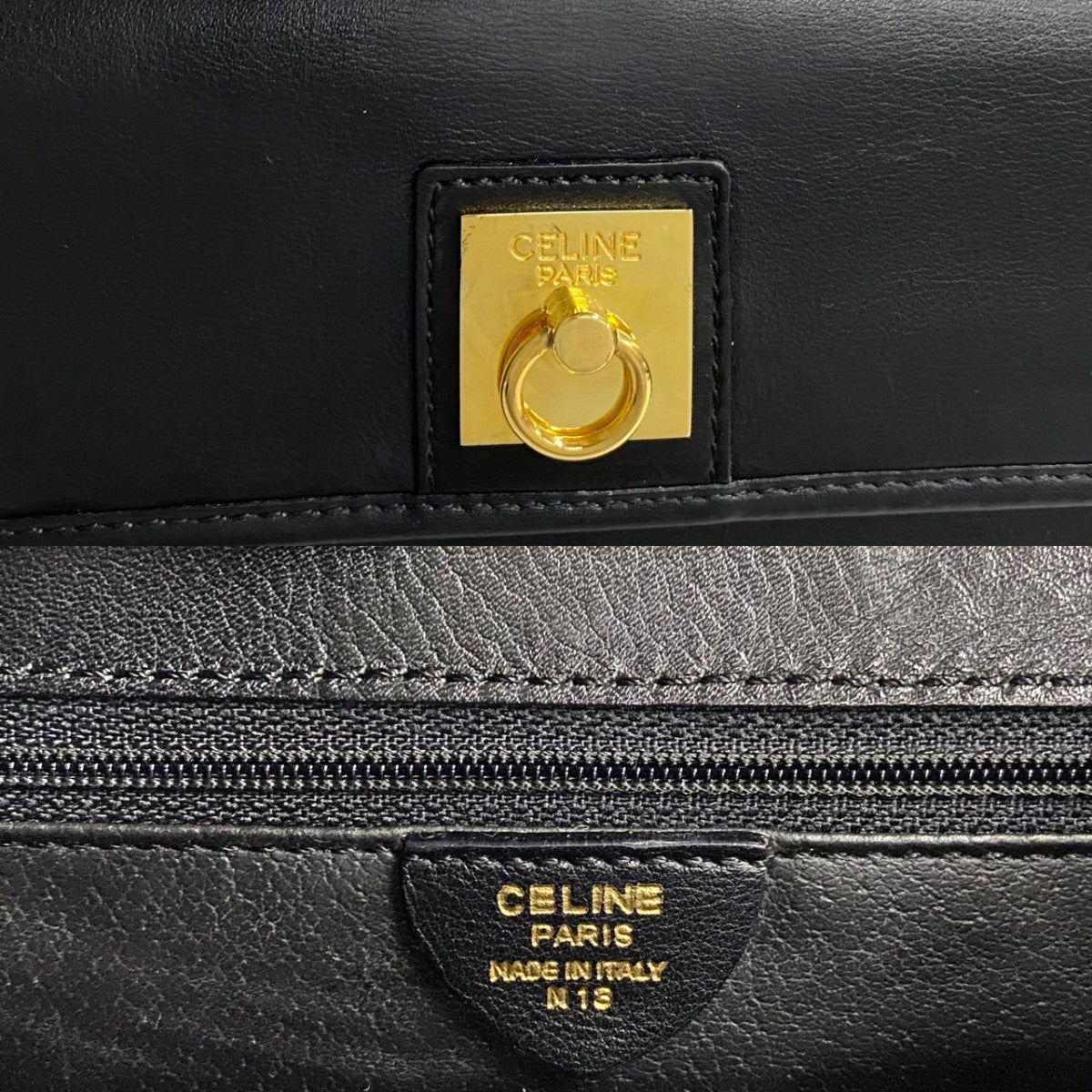 CELINE Handbag leather black Celine logo ring Metal Women Used Authentic