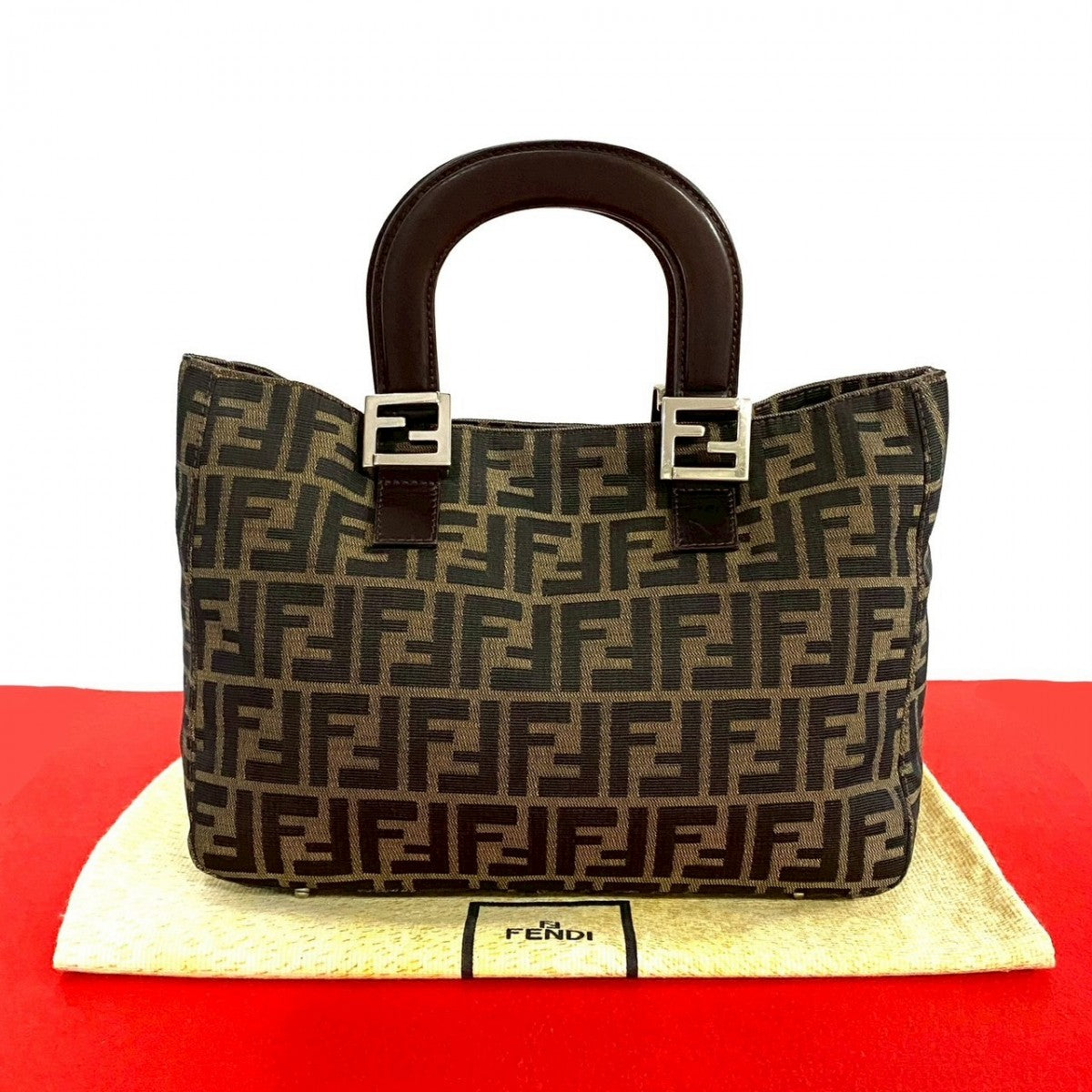 FENDI Handbag Canvas, Leather Brown Zucca FF Pattern Women Used Authentic