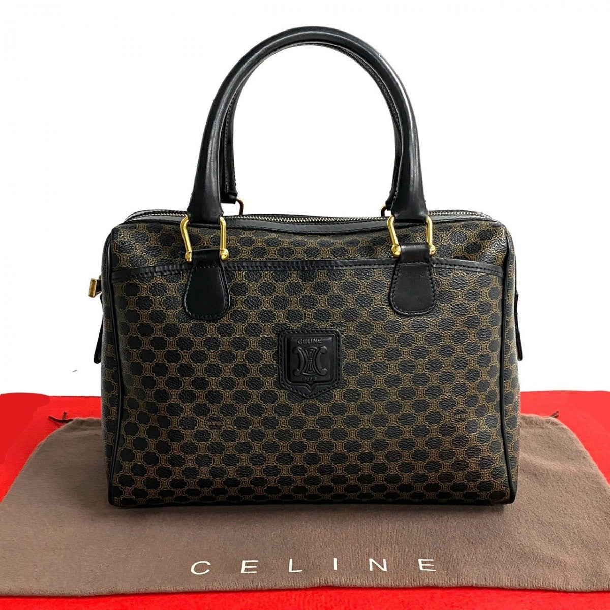 CELINE Handbag Leather, PVC black Macadam Blason Triomphe Pattern Women Used Authentic