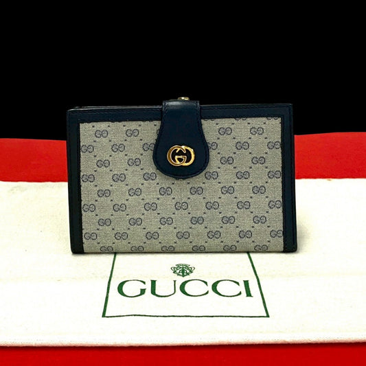GUCCI Bifold Wallet Leather, PVC Navy Micro GG logo Women Used Authentic