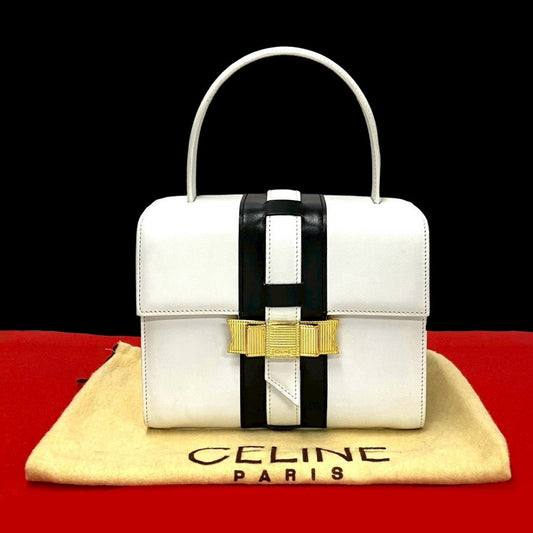 CELINE Handbag leather white logo ribbon Metal Women Used Authentic