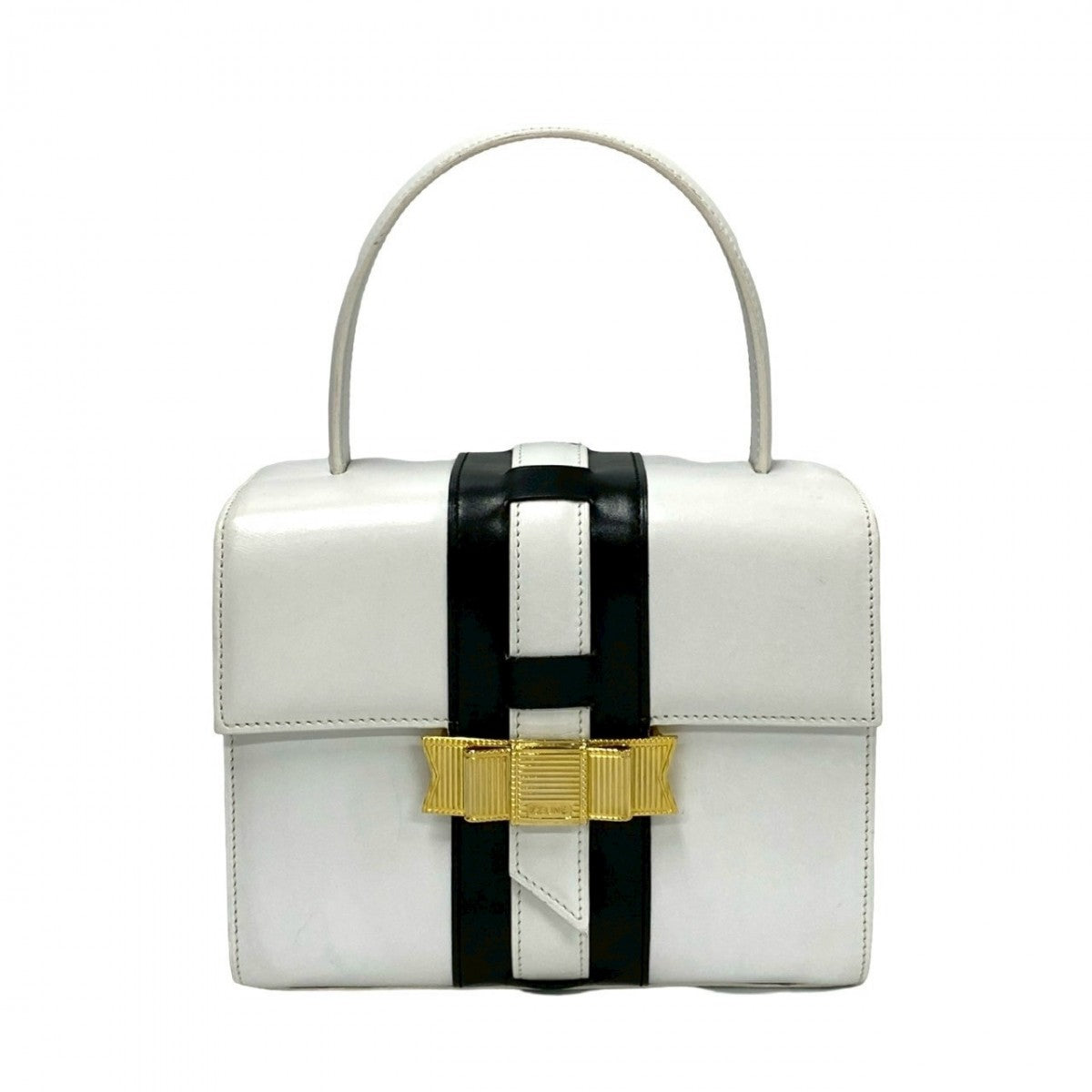 CELINE Handbag leather white logo ribbon Metal Women Used Authentic