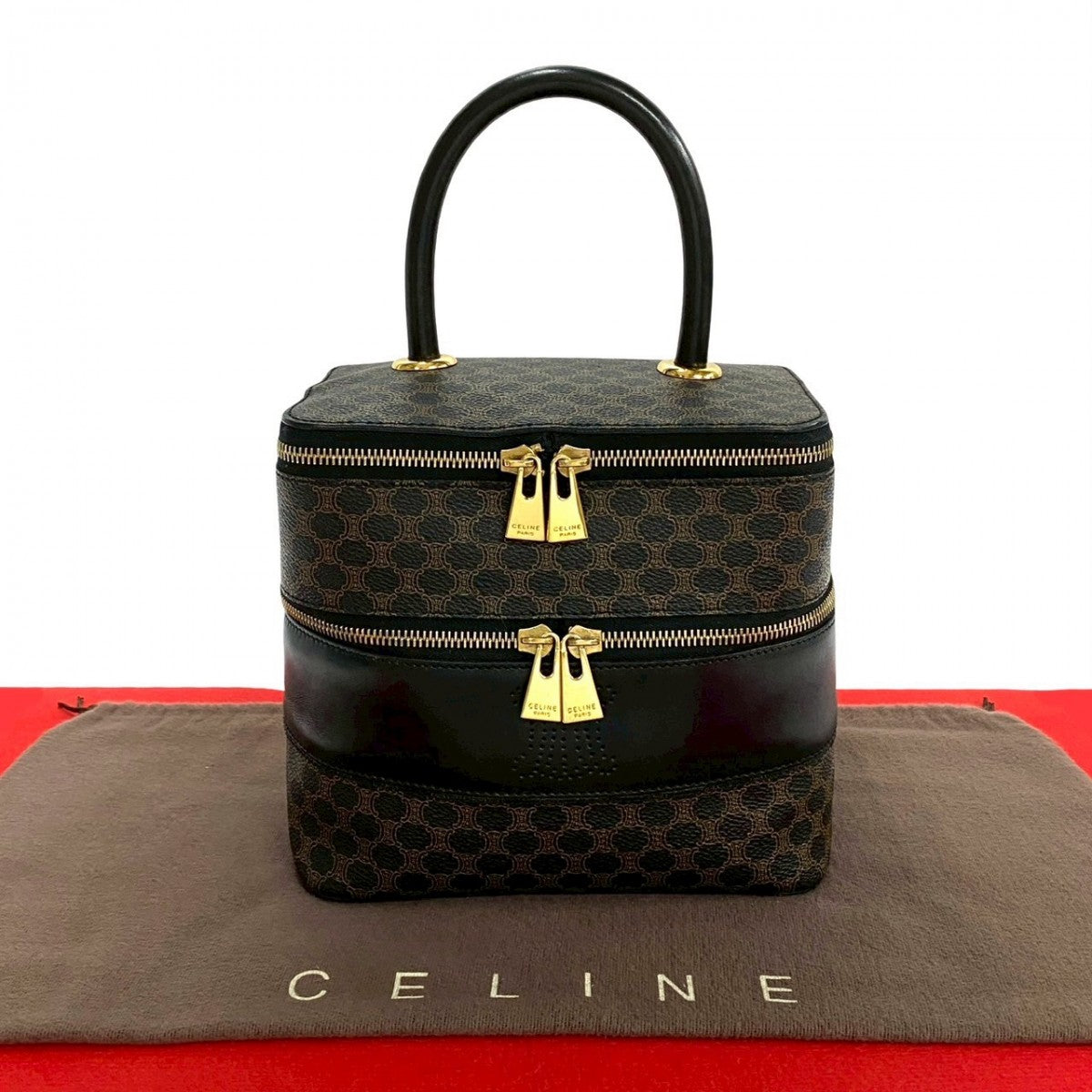 CELINE Handbag Leather, PVC black Macadam Blason Triomphe Pattern Women Used Authentic