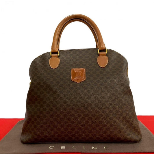 CELINE Handbag Leather, PVC Brown Macadam Blason Triomphe Pattern Women Used Authentic