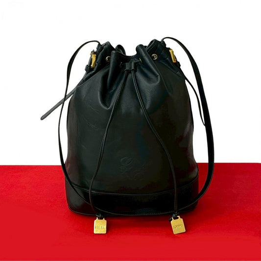 LOEWE Shoulder Bag leather black Anagram logo Metal Women Used Authentic