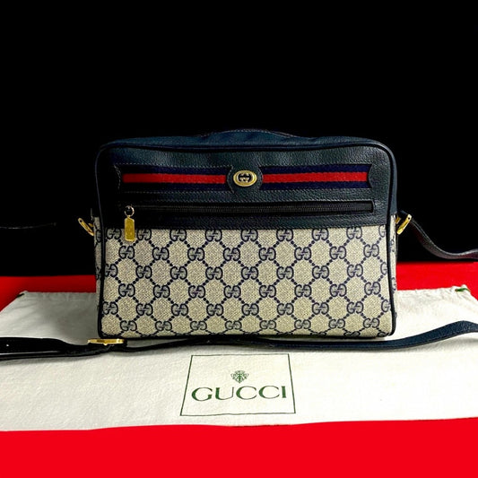 GUCCI Shoulder Bag Leather, PVC Navy GG logo Pattern Sherry line Women Used Authentic