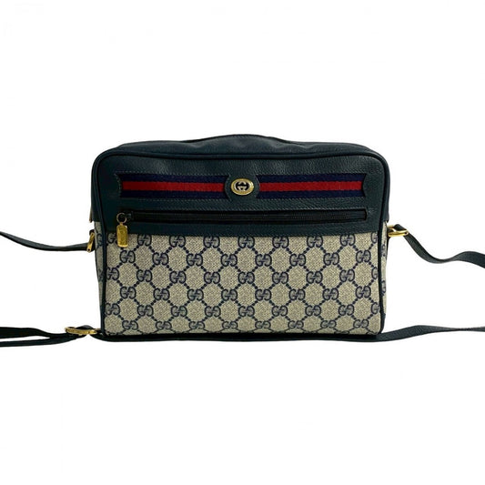 GUCCI Shoulder Bag Leather, PVC Navy GG logo Pattern Sherry line Women Used Authentic