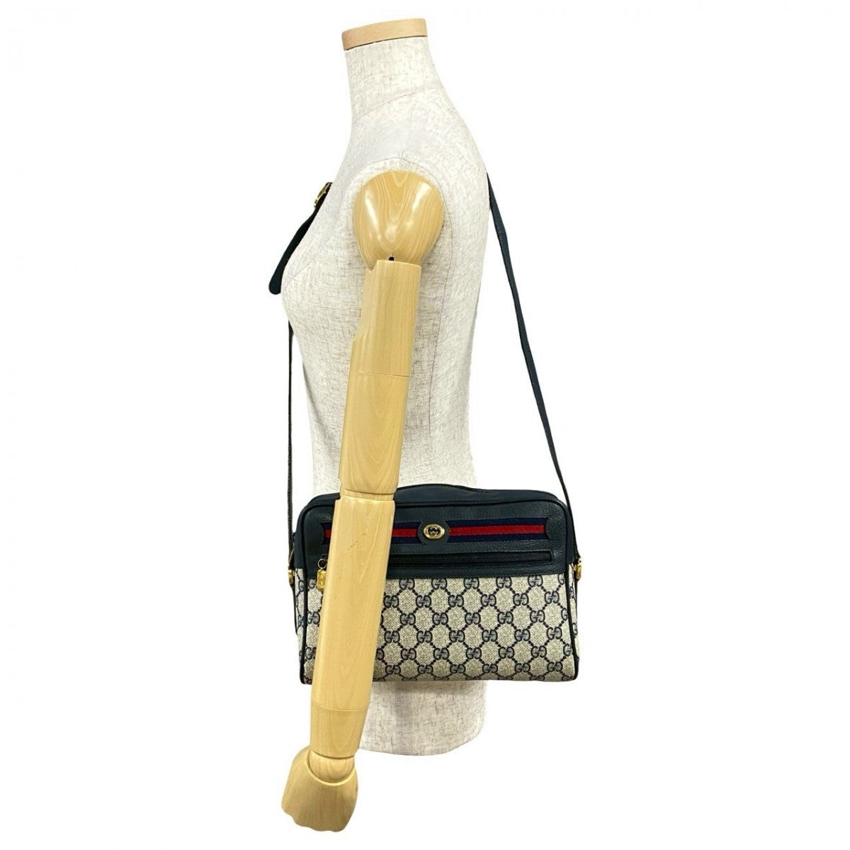 GUCCI Shoulder Bag Leather, PVC Navy GG logo Pattern Sherry line Women Used Authentic
