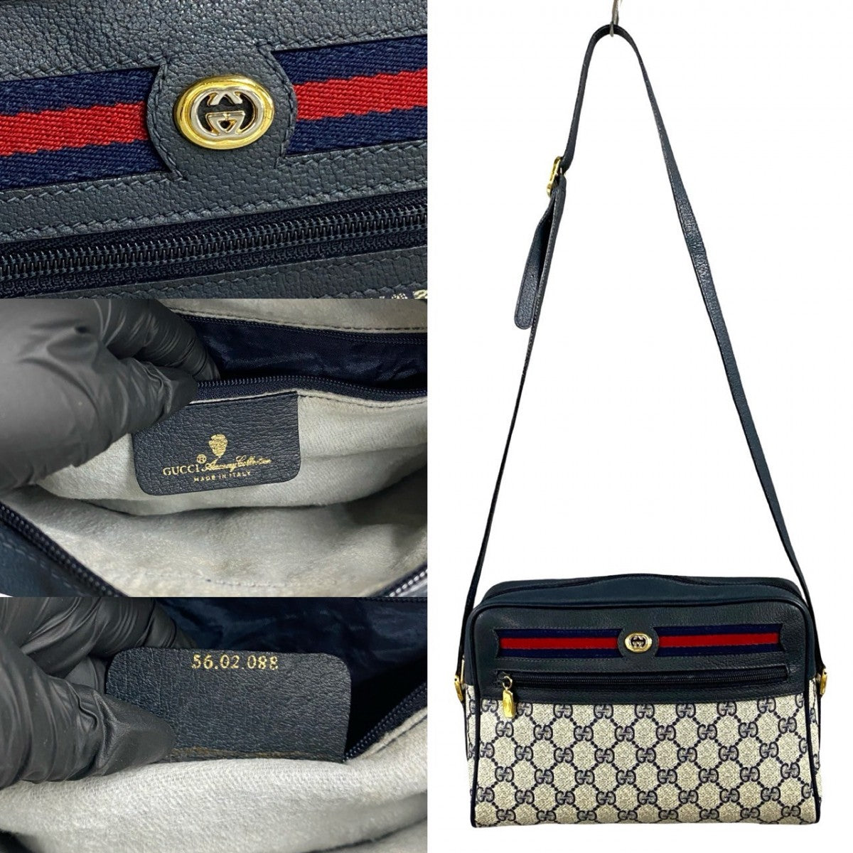 GUCCI Shoulder Bag Leather, PVC Navy GG logo Pattern Sherry line Women Used Authentic