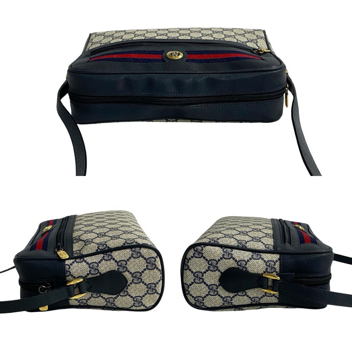 GUCCI Shoulder Bag Leather, PVC Navy GG logo Pattern Sherry line Women Used Authentic