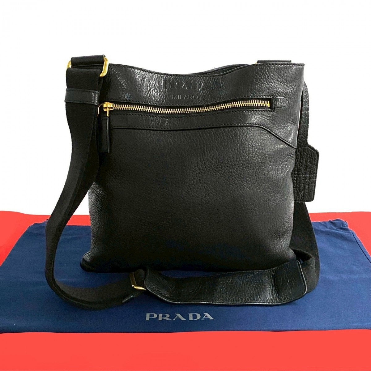 PRADA Shoulder Bag leather black Logo embossing Women Used Authentic