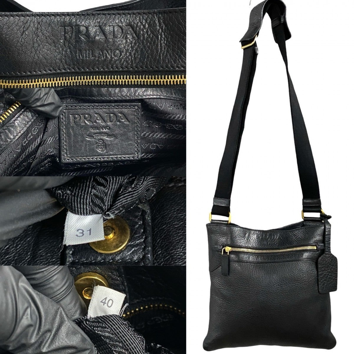 PRADA Shoulder Bag leather black Logo embossing Women Used Authentic