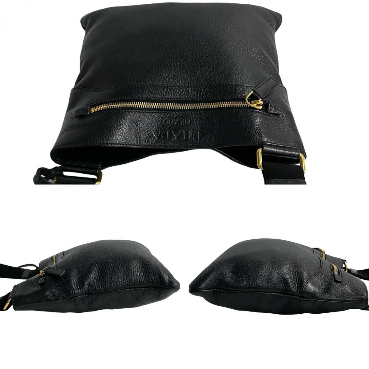 PRADA Shoulder Bag leather black Logo embossing Women Used Authentic