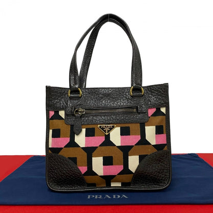 PRADA Handbag Leather, Canvas Brown Triangle Logo Metal Women Used Authentic