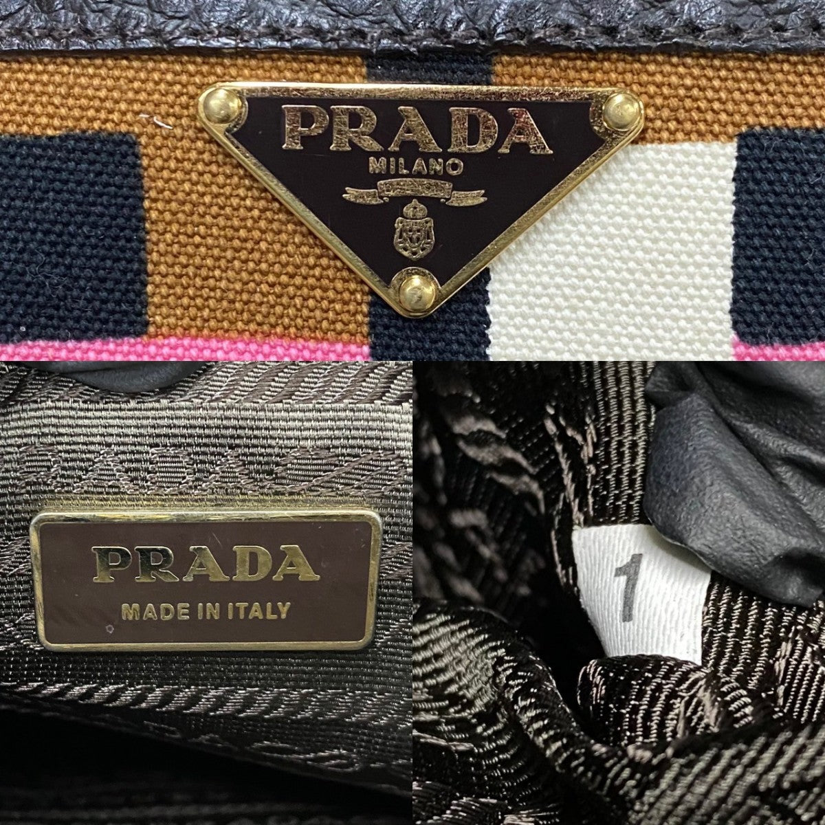 PRADA Handbag Leather, Canvas Brown Triangle Logo Metal Women Used Authentic