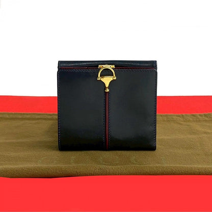 GUCCI Bifold Wallet leather Navy Horsebit Metal Women Used Authentic