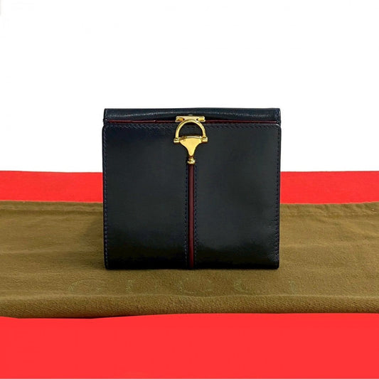 GUCCI Bifold Wallet leather Navy Horsebit Metal Women Used Authentic