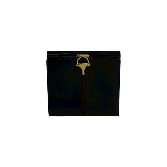 GUCCI Bifold Wallet leather Navy Horsebit Metal Women Used Authentic