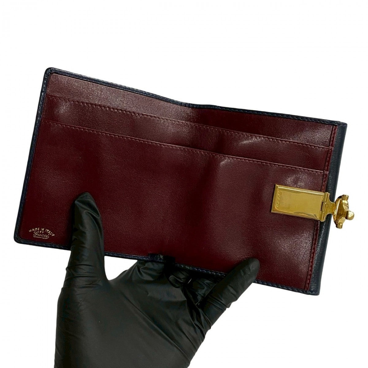GUCCI Bifold Wallet leather Navy Horsebit Metal Women Used Authentic