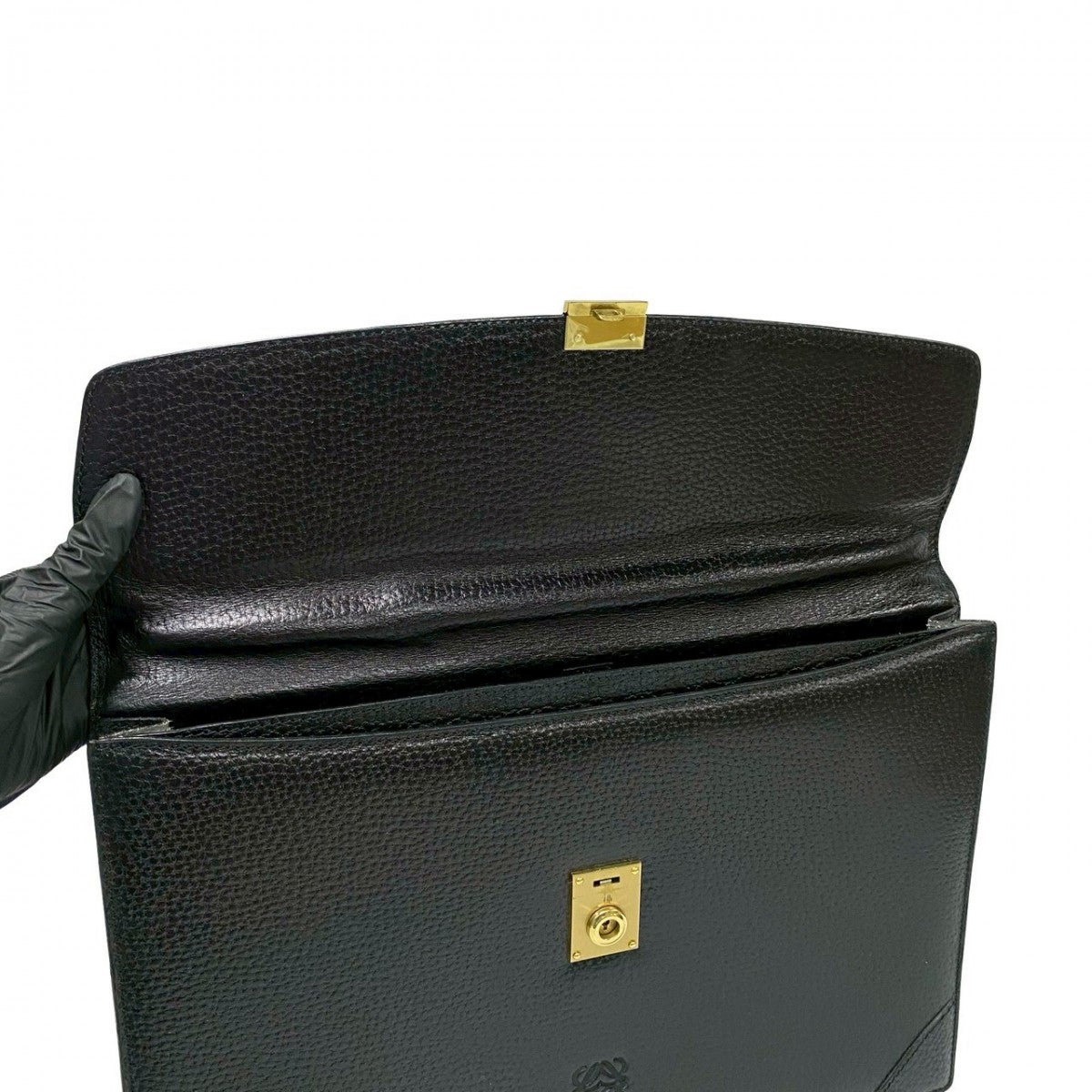 LOEWE Business bag leather black Anagram logo Metal mens Used Authentic
