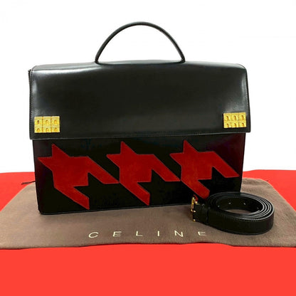 CELINE Shoulder Bag Calfskin, Leather black Arc de Triomphe motif houndstooth mens Used Authentic