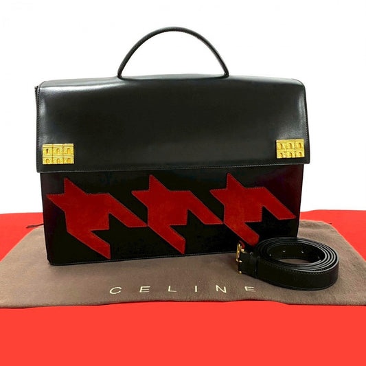 CELINE Shoulder Bag Calfskin, Leather black Arc de Triomphe motif houndstooth mens Used Authentic