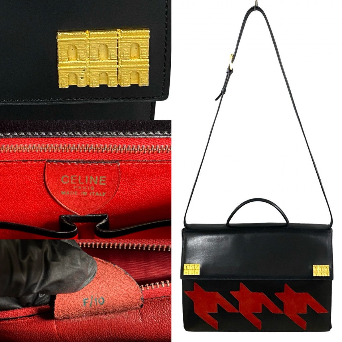 CELINE Shoulder Bag Calfskin, Leather black Arc de Triomphe motif houndstooth mens Used Authentic