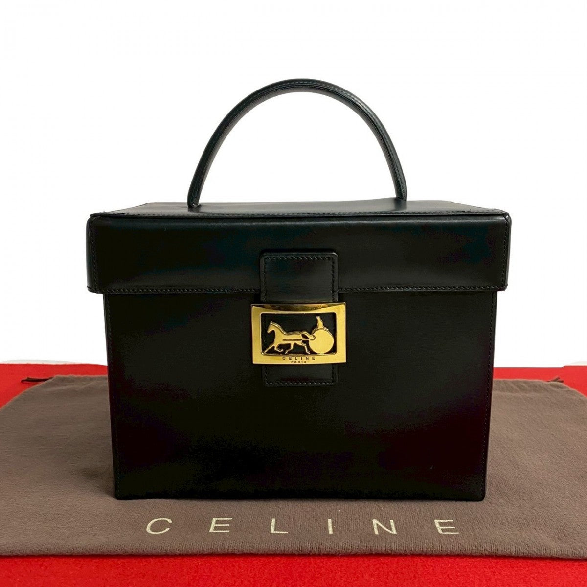 CELINE Handbag leather black logo carriage Metal Women Used Authentic
