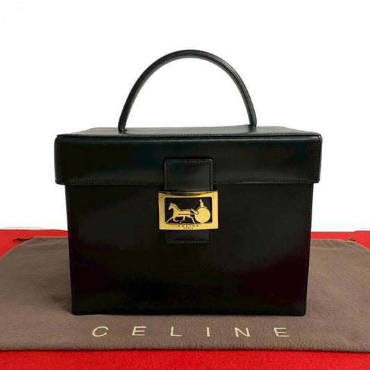 CELINE Handbag leather black logo carriage Metal Women Used Authentic