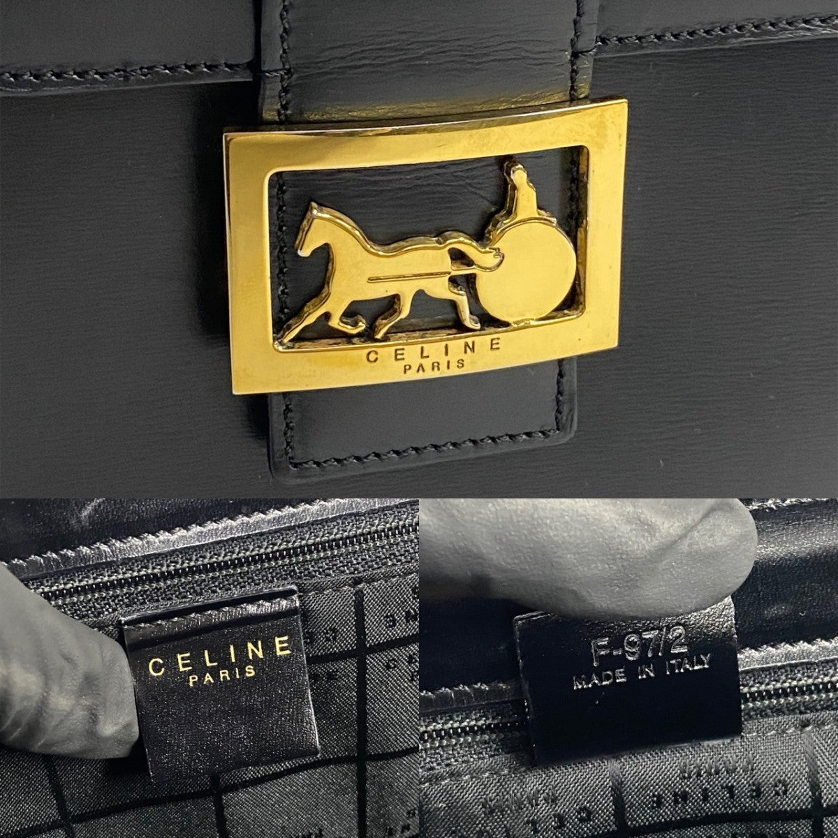 CELINE Handbag leather black logo carriage Metal Women Used Authentic