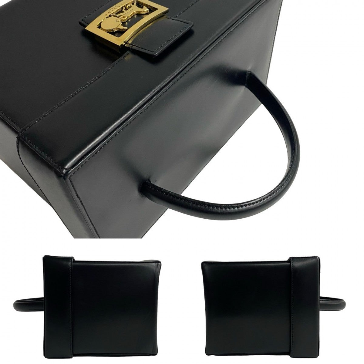 CELINE Handbag leather black logo carriage Metal Women Used Authentic
