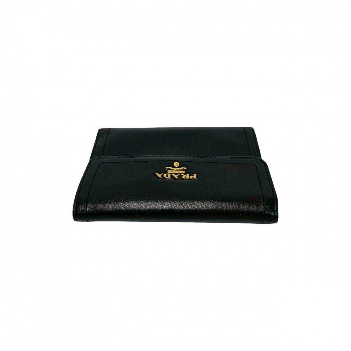 PRADA Tri-fold wallet leather black PRADA logo Metal mens Used Authentic